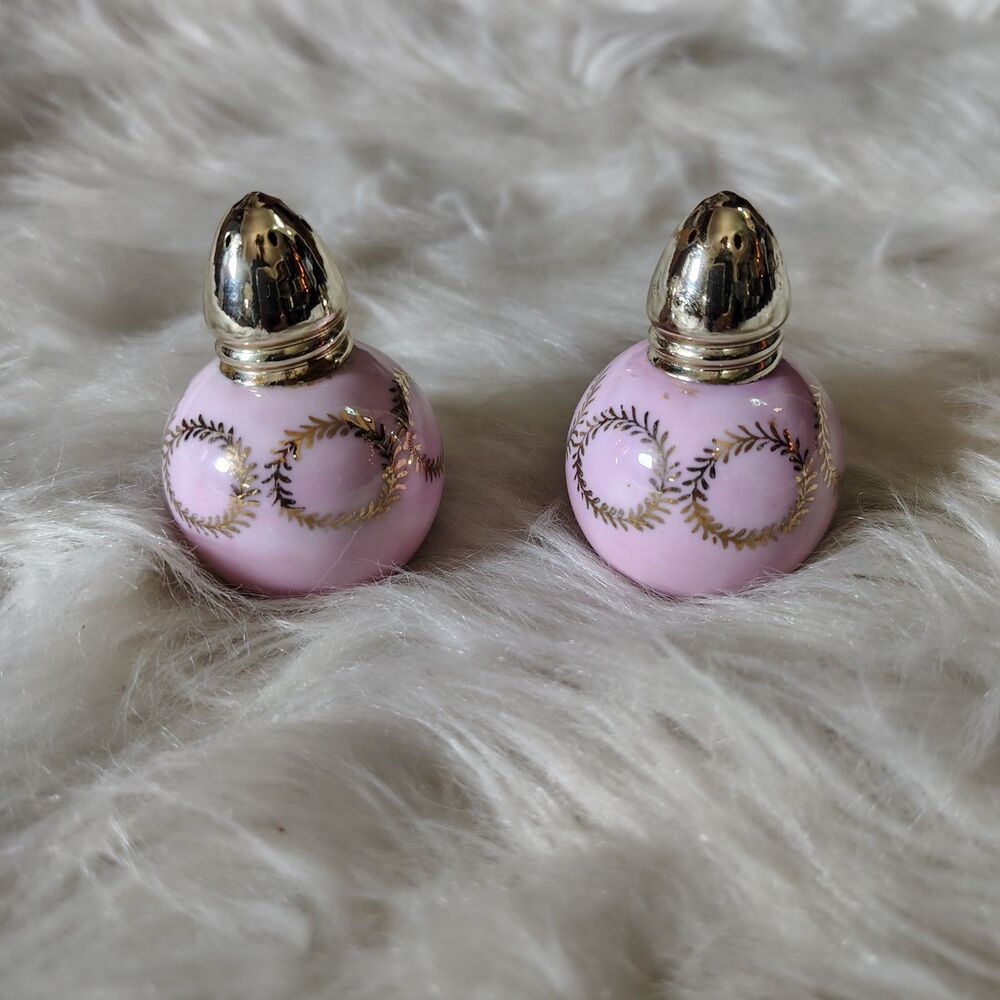 Pink Mid Century Porcelain VTG Coquette Salt&Pepper Shakers W Hand Painted Gold